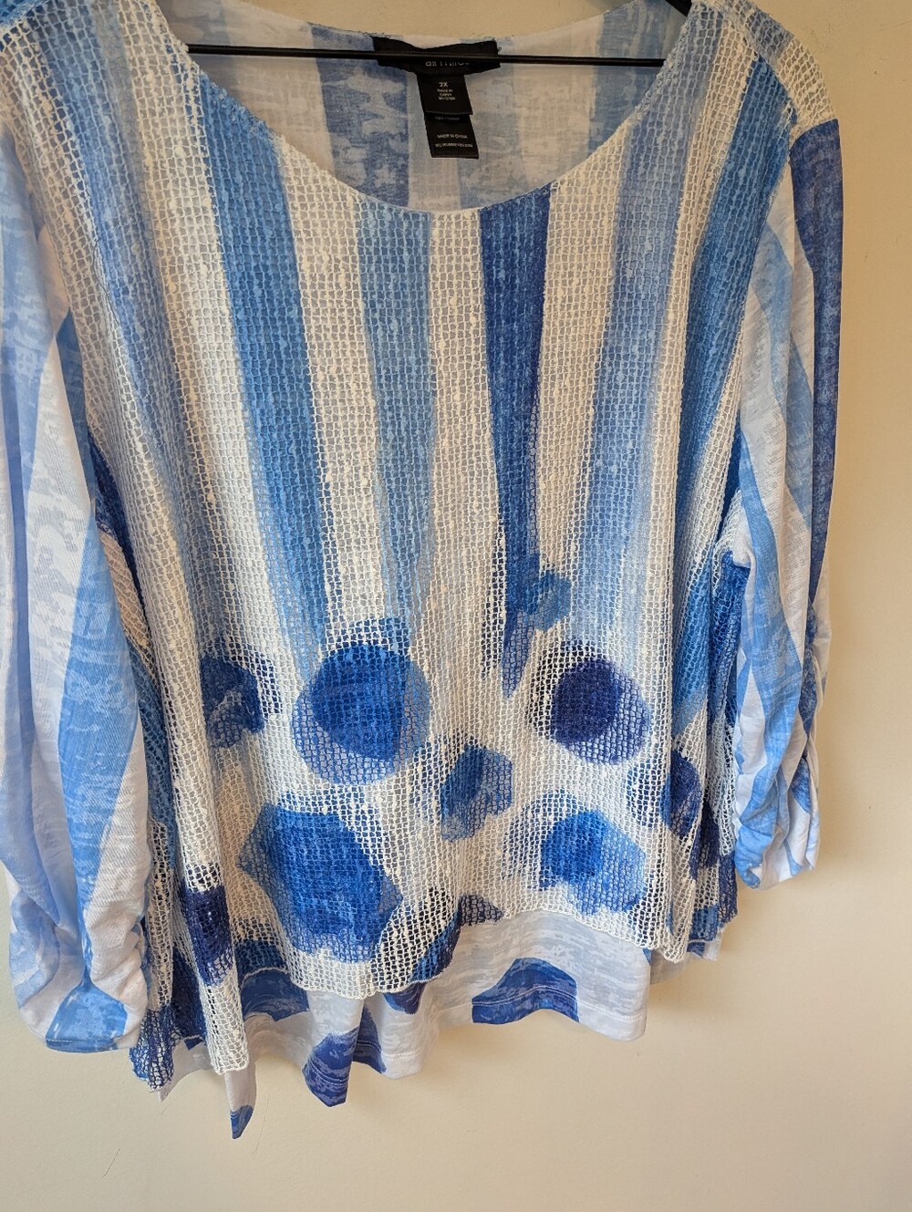 Ali Miles Women's Blue White Artsy Coastal Polka Dot Blouse 2X